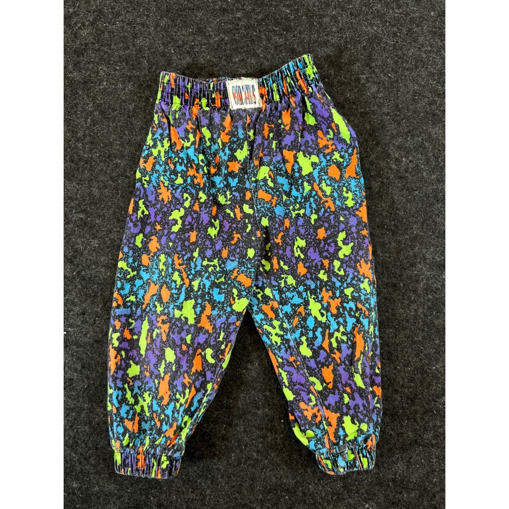 Vintage 90s Big Hits Kids Neon Splatter Print Cotton Surf Jogger Pants 18M USA